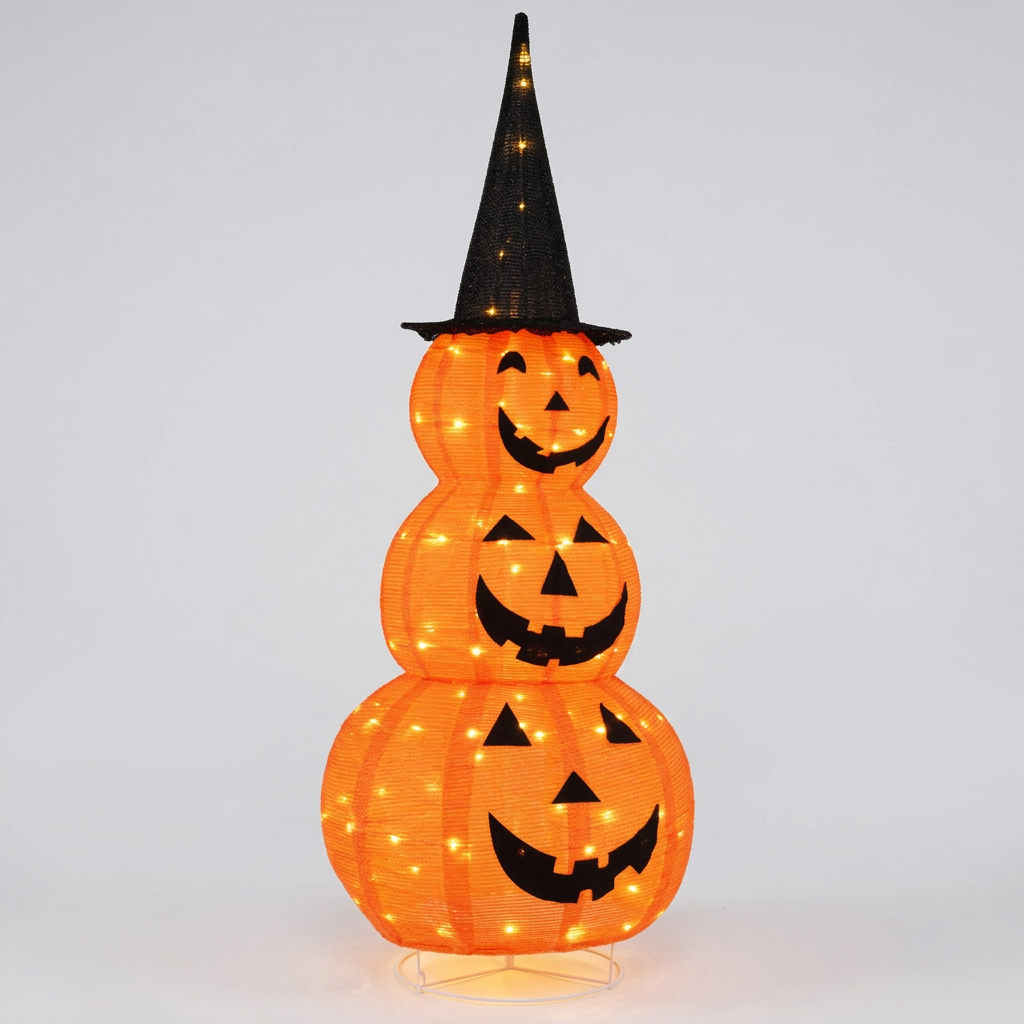Lighted Stacked Pumpkins with Witch Hat